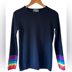 Women WYSE London Crew Neck Navy Cashmere Sweater With Multi-Color Stripes Sz 1